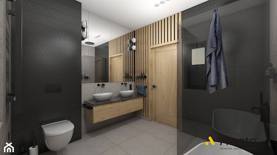 łazienka z drewnianymi raszkami - zdjęcie od Studio Projektowe Atoato