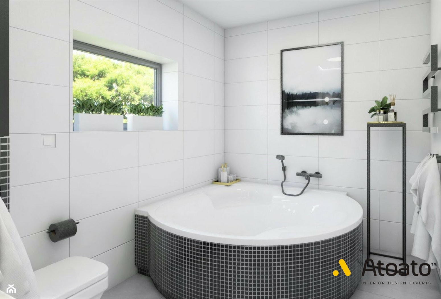 bialo-czarna łazienka z wanna narożną - zdjęcie od Studio Projektowe Atoato - Homebook