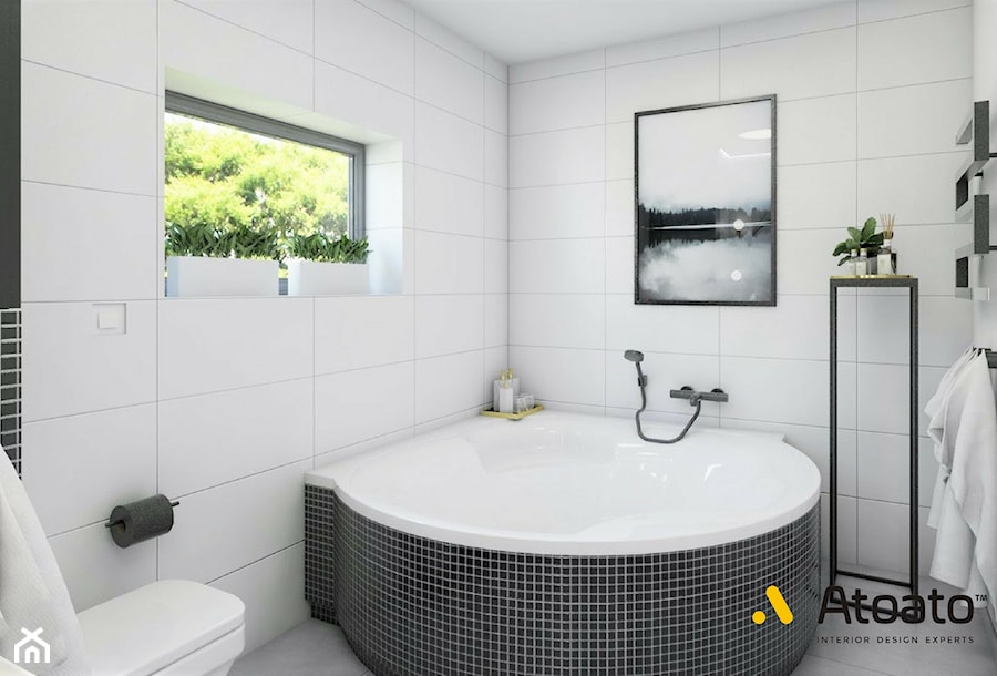 bialo-czarna łazienka z wanna narożną - zdjęcie od Studio Projektowe Atoato