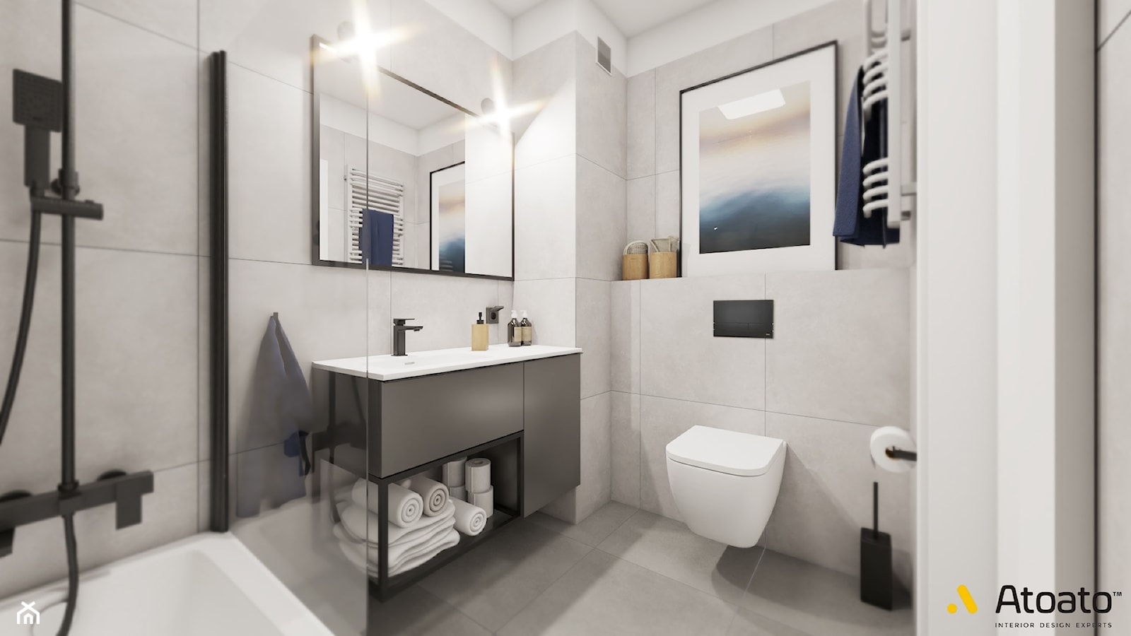 Łazienka z dużym lustrem - zdjęcie od Studio Projektowe Atoato - Homebook