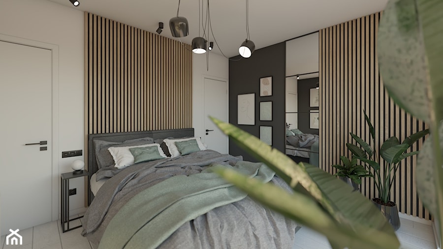 sypialnia z elementami drewna na ścianie - zdjęcie od Studio Projektowe Atoato