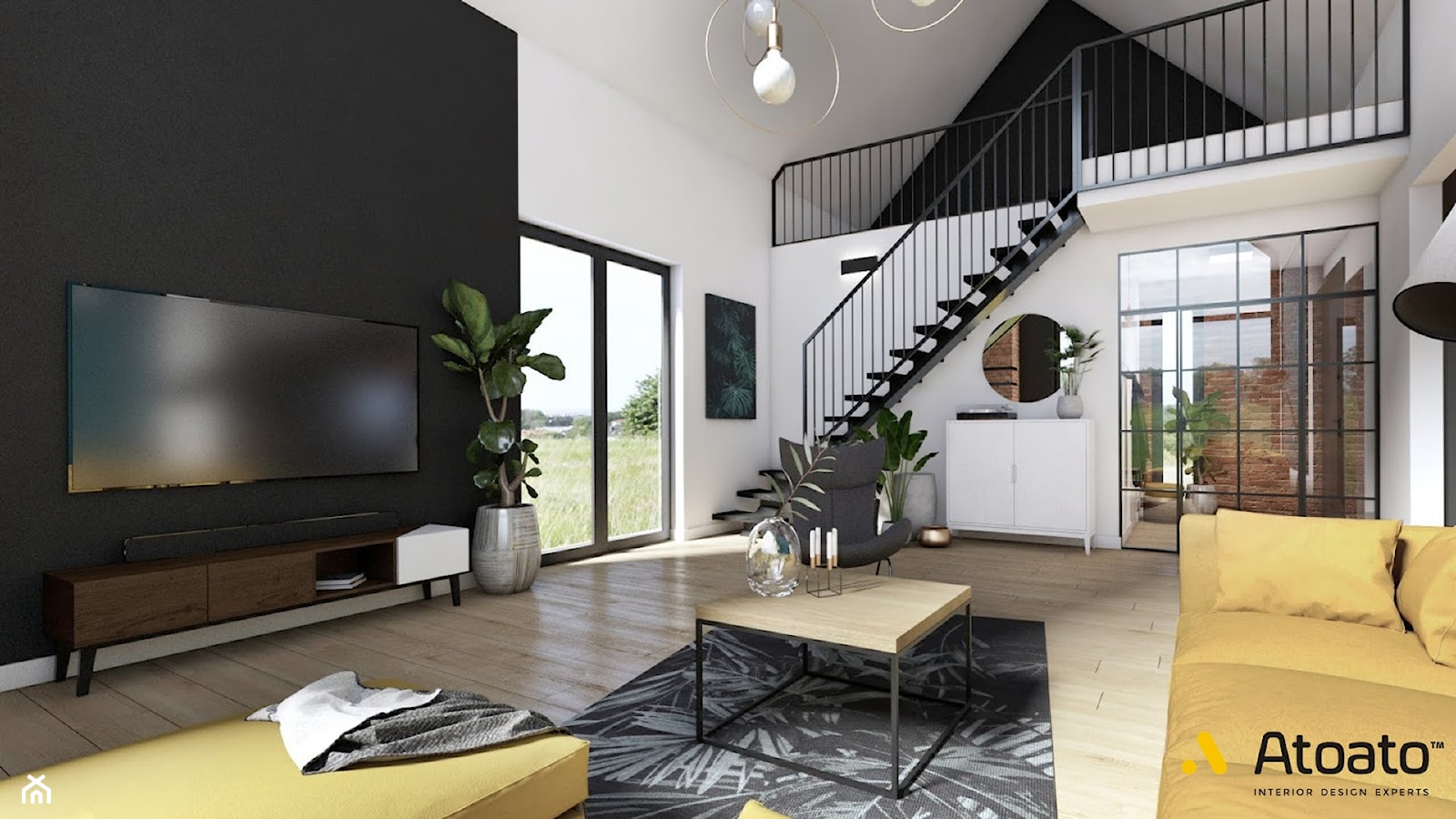 salon z metalowymi schodami na antresolę - zdjęcie od Studio Projektowe Atoato - Homebook