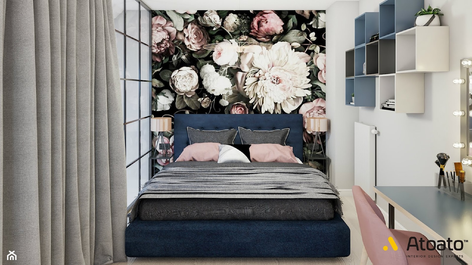 sypialnia z piękną tapeta w kwiaty - zdjęcie od Studio Projektowe Atoato - Homebook