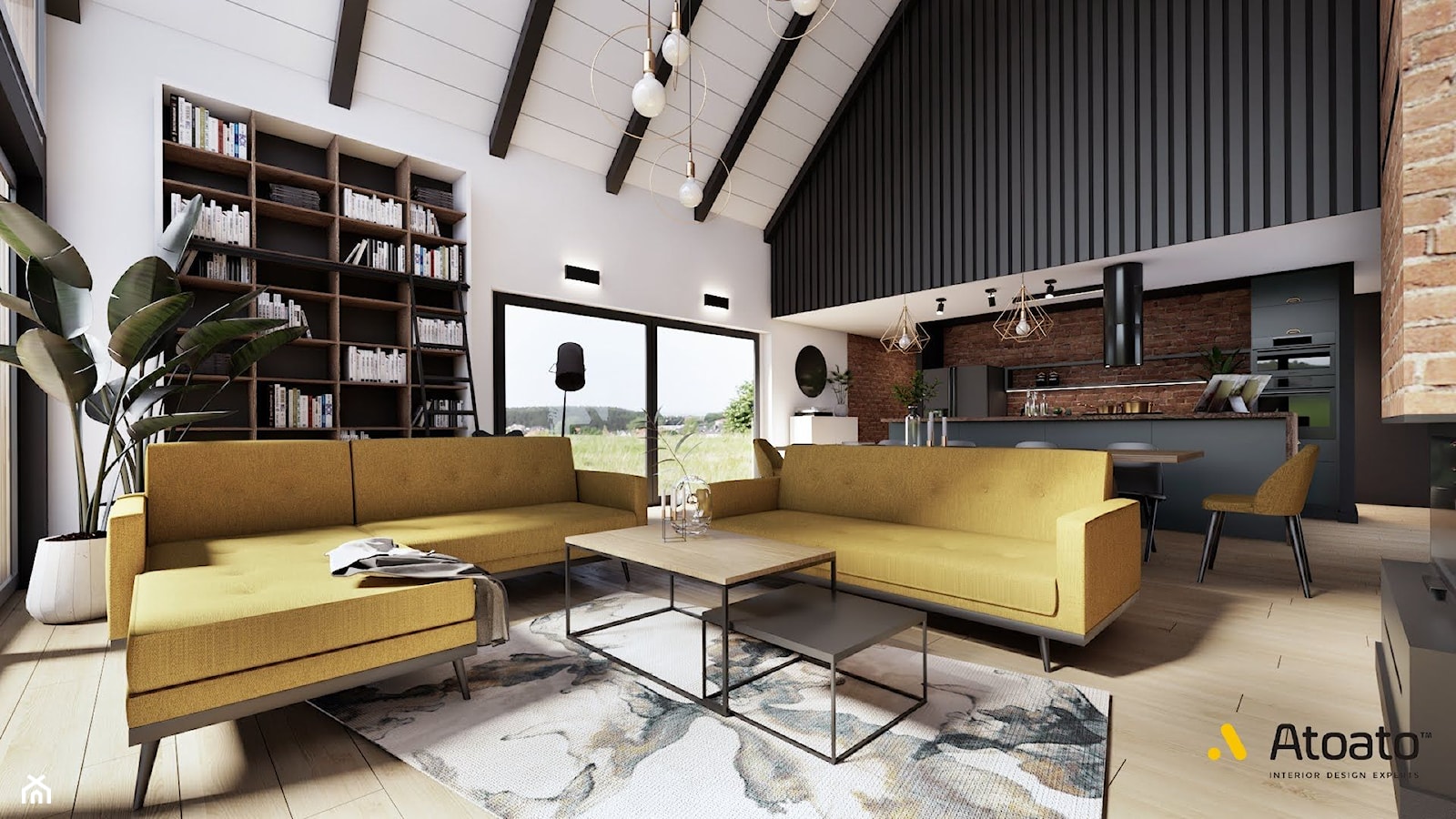 salon z kuchnią w domu typu stodoła - zdjęcie od Studio Projektowe Atoato - Homebook