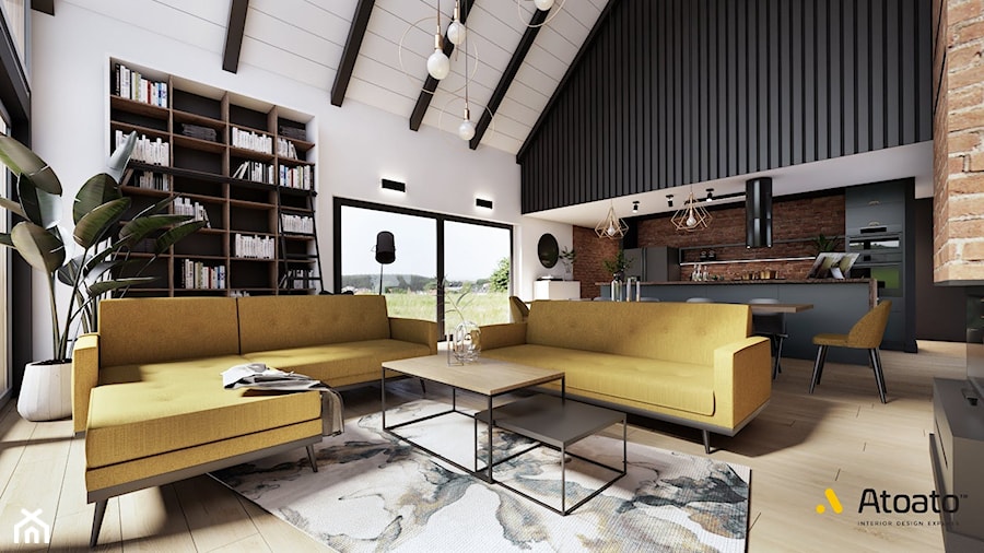 salon z kuchnią w domu typu stodoła - zdjęcie od Studio Projektowe Atoato