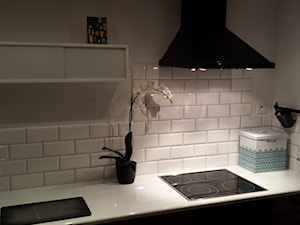 Lekki Home Staging kuchni - Mała zamknięta z kamiennym blatem szara z zabudowaną lodówką kuchnia jednorzędowa - zdjęcie od Projekt Śliwa