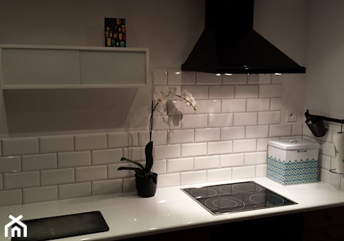Lekki Home Staging kuchni - Mała zamknięta z kamiennym blatem szara z zabudowaną lodówką kuchnia jednorzędowa - zdjęcie od Projekt Śliwa