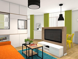 Kolor z elementami loftowymi - Mały szary salon z jadalnią, styl nowoczesny - zdjęcie od Justyna Lewicka Design