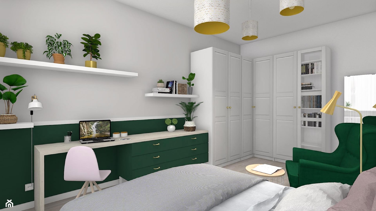 Pokój 3w1 - Średnie w osobnym pomieszczeniu z sofą białe szare zielone biuro, styl skandynawski - zdjęcie od Justyna Lewicka Design - Homebook