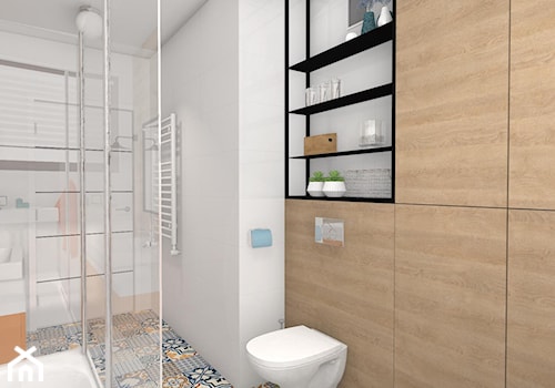 Kolor z elementami loftowymi - Mała na poddaszu bez okna łazienka, styl nowoczesny - zdjęcie od Justyna Lewicka Design