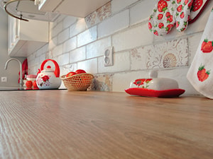 Kuchnia z czerwienią - Z nablatowym zlewozmywakiem kuchnia, styl rustykalny - zdjęcie od Justyna Lewicka Design