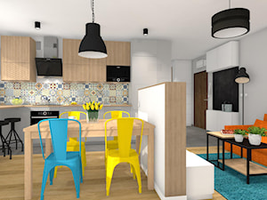 Kolor z elementami loftowymi - Średnia biała szara jadalnia w salonie w kuchni, styl nowoczesny - zdjęcie od Justyna Lewicka Design
