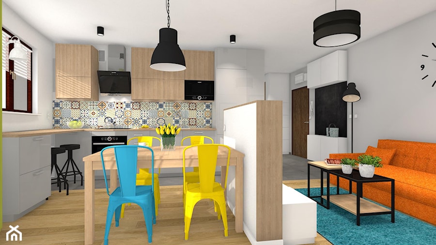 Kolor z elementami loftowymi - Średnia biała szara jadalnia w salonie w kuchni, styl nowoczesny - zdjęcie od Justyna Lewicka Design