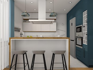 Kolor i nowoczesność w wyremontowanym domu. - Średnia otwarta szara z zabudowaną lodówką kuchnia w kształcie litery l z wyspą lub półwyspem z oknem, styl nowoczesny - zdjęcie od Justyna Lewicka Design