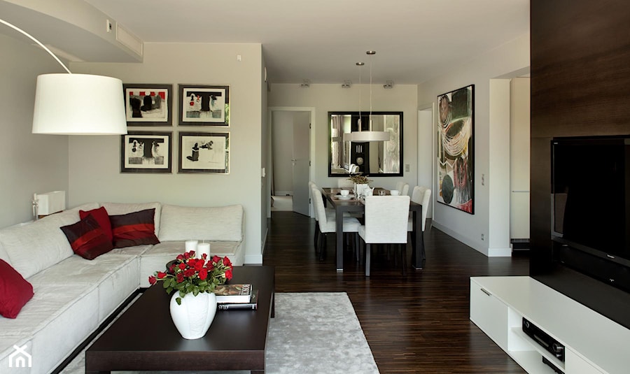 Apartament modernistyczny - Średni biały salon z jadalnią, styl nowoczesny - zdjęcie od CKTprojekt