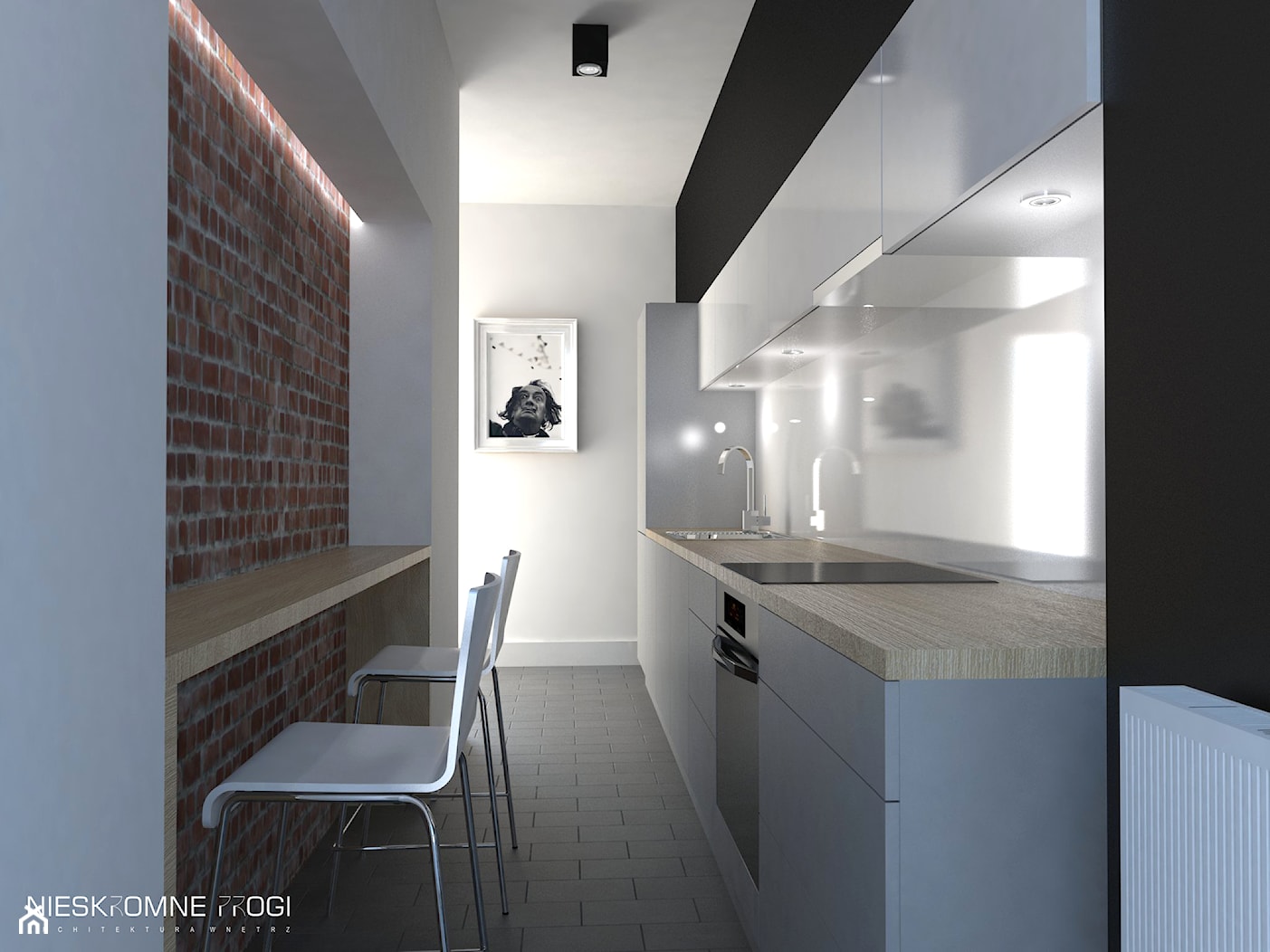 Średnia otwarta biała z zabudowaną lodówką kuchnia jednorzędowa, styl minimalistyczny - zdjęcie od NIESKROMNE PROGI - Homebook