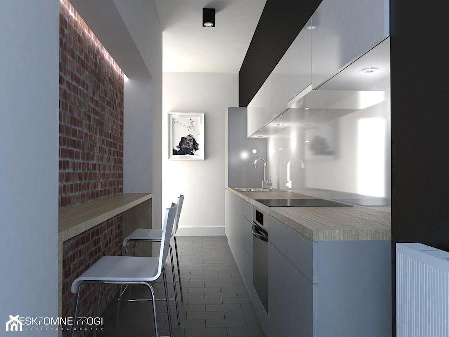 Średnia otwarta biała z zabudowaną lodówką kuchnia jednorzędowa, styl minimalistyczny - zdjęcie od NIESKROMNE PROGI