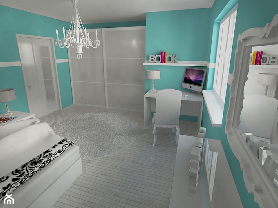 pokój dla nastolatki ➊ - Średnia niebieska z biurkiem sypialnia, styl glamour - zdjęcie od bright light design ❘ architektura wnętrz