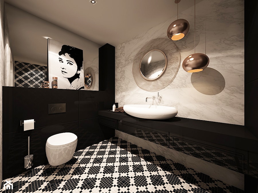 Elegancka łazienka w czarno-białej kolorystyce z akcentami miedzi - zdjęcie od ARTINSIDE