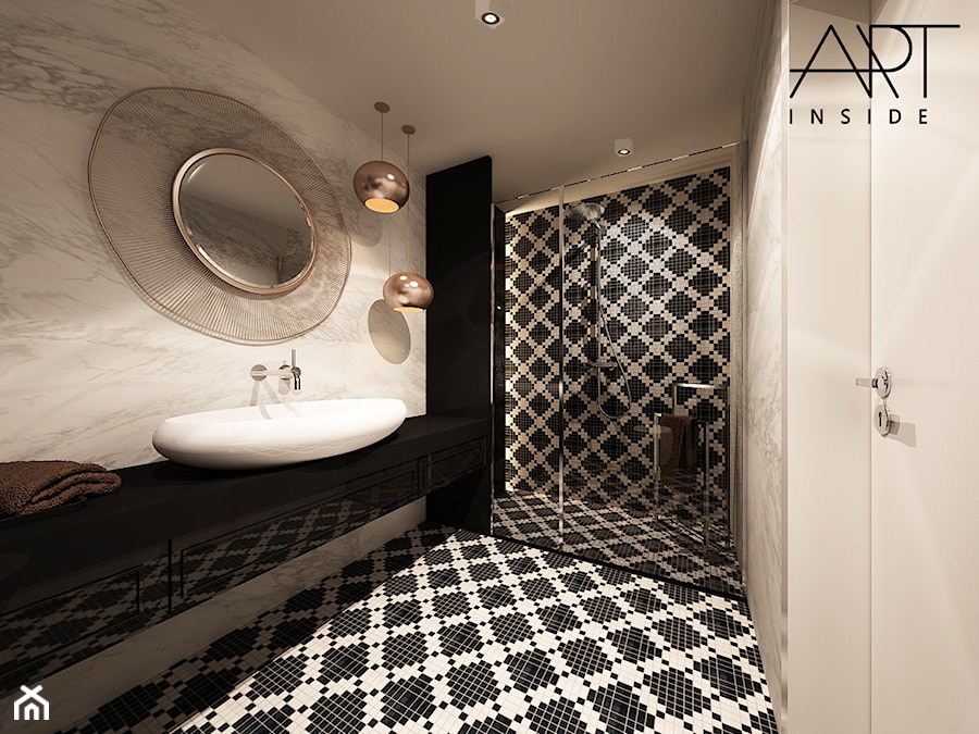 Elegancka łazienka w czarno-białej kolorystyce z akcentami miedzi - zdjęcie od ARTINSIDE
