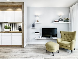 Mieszkanie pokazowe - Średni niebieski szary salon z kuchnią, styl skandynawski - zdjęcie od Q2Design