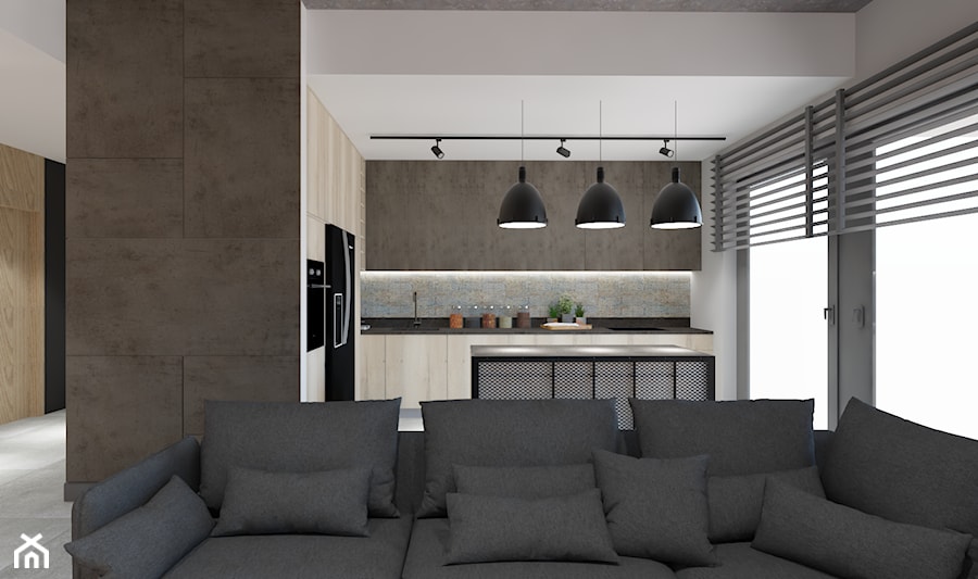 Apartament w Katowicach w loftowym stylu - Beżowy szary salon z kuchnią - zdjęcie od Maciejewska Design