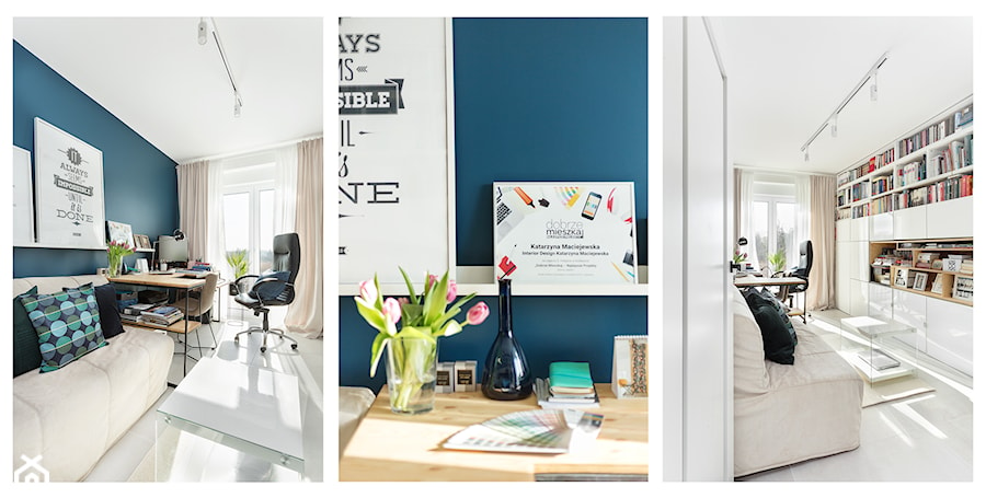 Mieszkanie10 - Średni niebieski salon z bibiloteczką - zdjęcie od Maciejewska Design