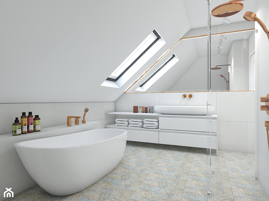 dom jednorodzinny (projekt Opałek) - Średnia na poddaszu z lustrem z punktowym oświetleniem łazienka z oknem - zdjęcie od Maciejewska Design