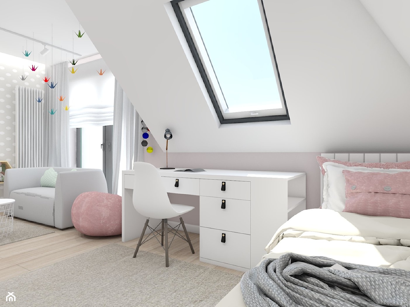 dom jednorodzinny (projekt Opałek) - Duża biała szara z biurkiem sypialnia na poddaszu - zdjęcie od Maciejewska Design - Homebook
