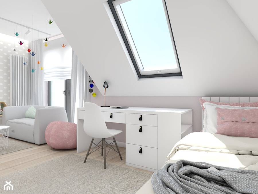 dom jednorodzinny (projekt Opałek) - Duża biała szara z biurkiem sypialnia na poddaszu - zdjęcie od Maciejewska Design