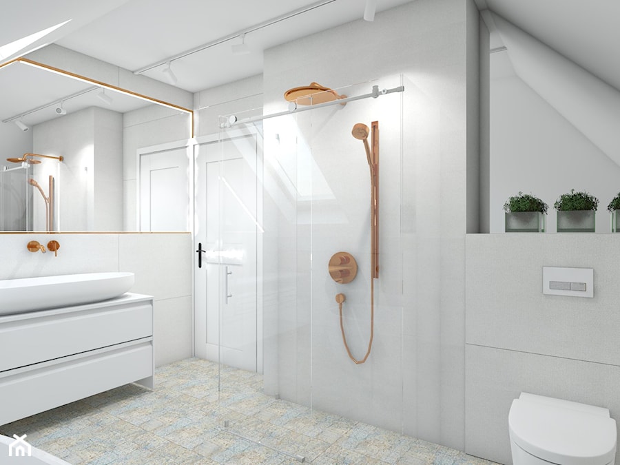 dom jednorodzinny (projekt Opałek) - Średnia na poddaszu bez okna z lustrem z punktowym oświetleniem łazienka - zdjęcie od Maciejewska Design