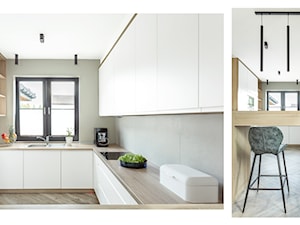 Dom jednorodzinny - Średnia z salonem szara z zabudowaną lodówką z podblatowym zlewozmywakiem kuchnia w kształcie litery u z oknem, styl nowoczesny - zdjęcie od Maciejewska Design