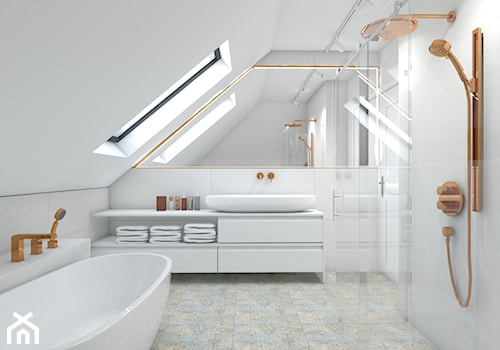 dom jednorodzinny (projekt Opałek) - Średnia na poddaszu z lustrem z punktowym oświetleniem łazienka z oknem - zdjęcie od Maciejewska Design