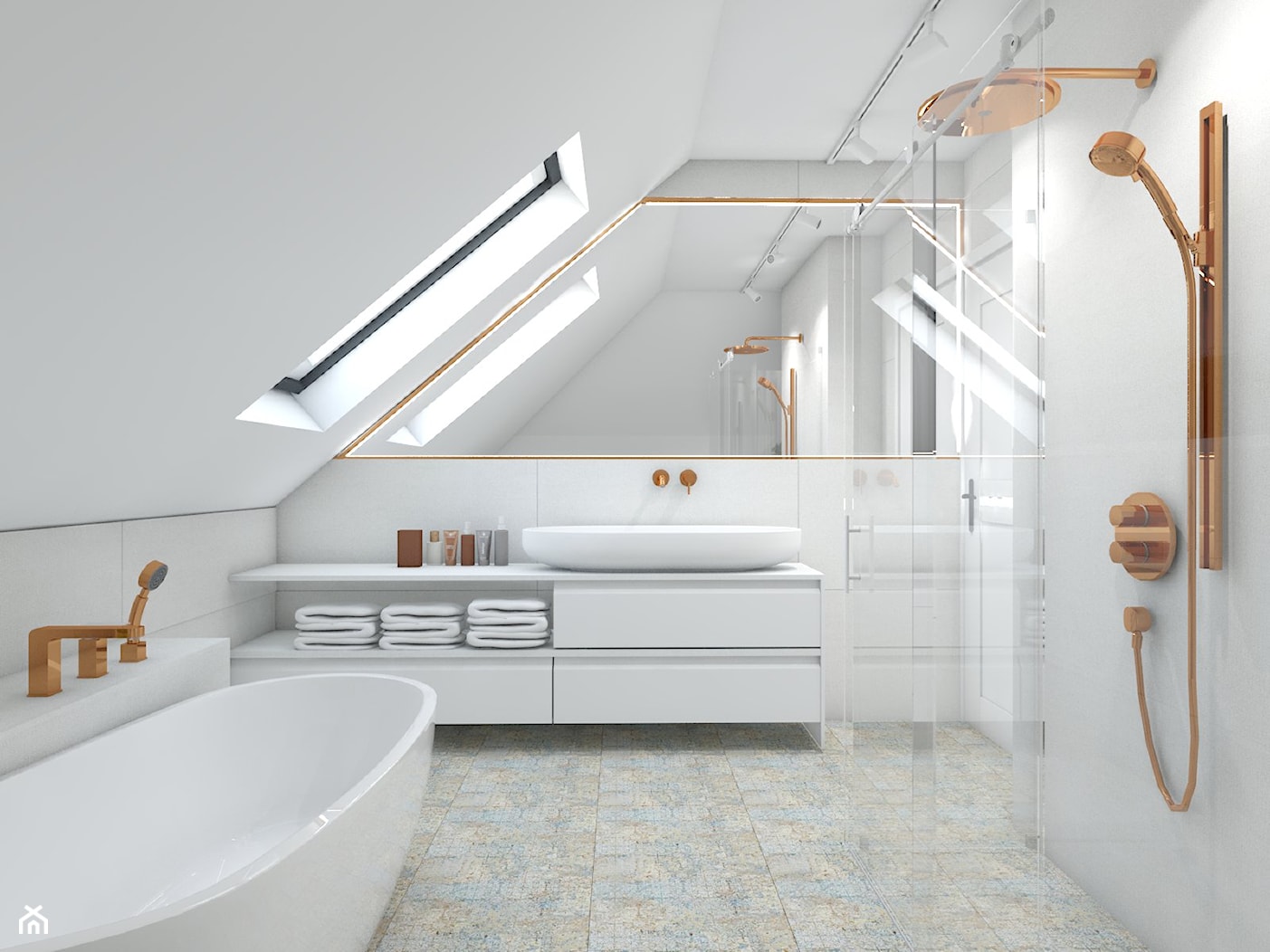 dom jednorodzinny (projekt Opałek) - Średnia na poddaszu z lustrem z punktowym oświetleniem łazienka z oknem - zdjęcie od Maciejewska Design - Homebook