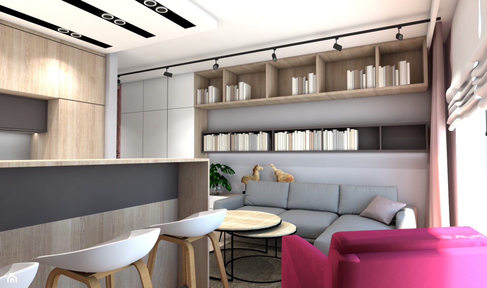 Mieszkanie młodej singielki - Średni szary salon z kuchnią z jadalnią - zdjęcie od Maciejewska Design - Homebook