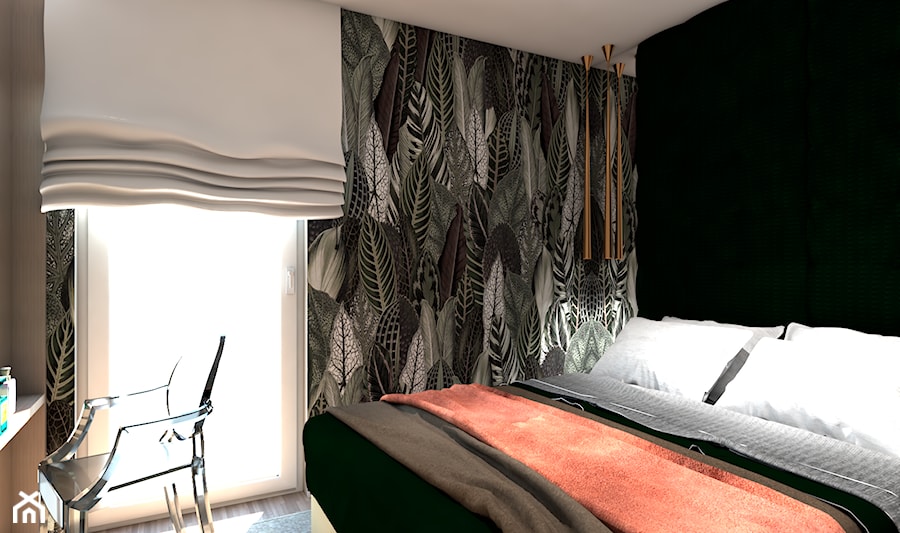 Mieszkanie młodej singielki - Średnia czarna zielona sypialnia - zdjęcie od Maciejewska Design