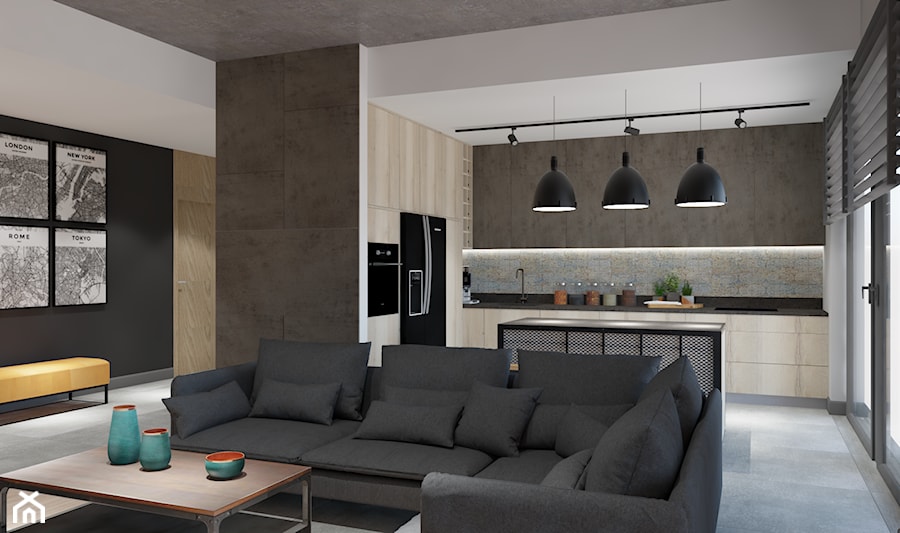 Apartament w Katowicach w loftowym stylu - Mały szary salon z kuchnią z jadalnią - zdjęcie od Maciejewska Design
