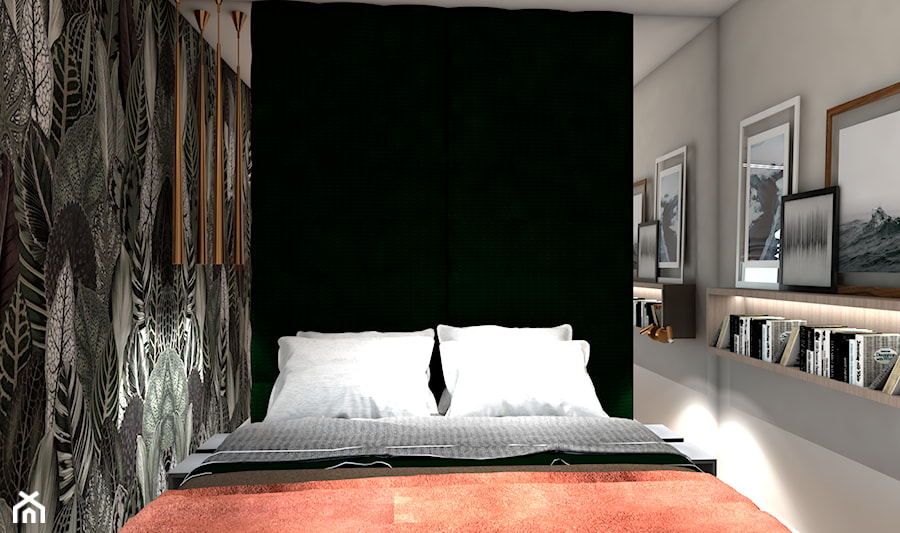 Mieszkanie młodej singielki - Mała biała czarna zielona sypialnia - zdjęcie od Maciejewska Design