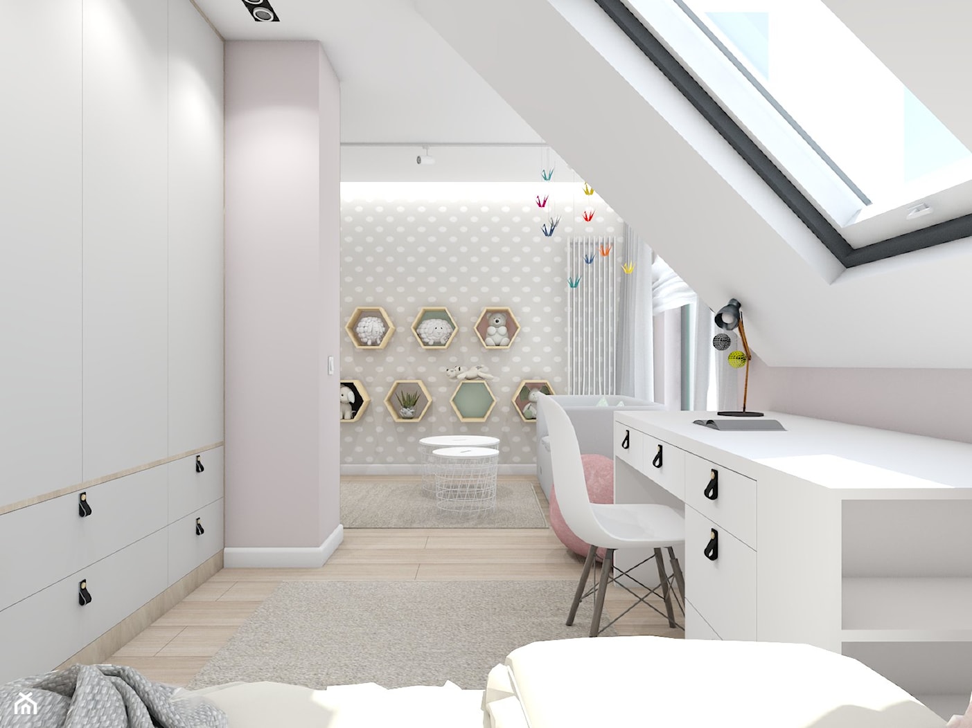 dom jednorodzinny (projekt Opałek) - Średni beżowy biały pokój dziecka dla nastolatka dla dziewczynki - zdjęcie od Maciejewska Design - Homebook