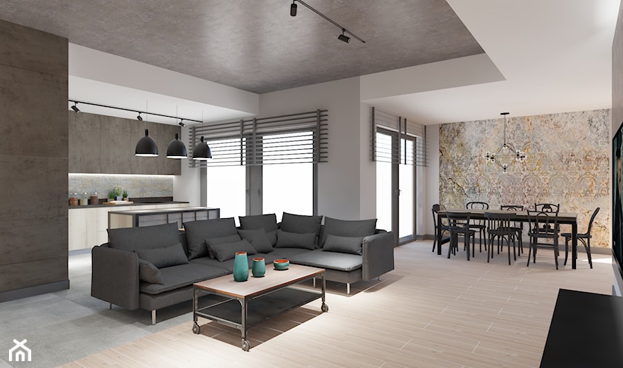 Apartament w Katowicach w loftowym stylu - Średni biały szary salon z kuchnią z jadalnią z tarasem / balkonem - zdjęcie od Maciejewska Design