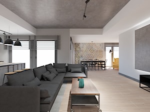 Apartament w Katowicach w loftowym stylu - Duży biały szary salon z kuchnią z jadalnią - zdjęcie od Maciejewska Design