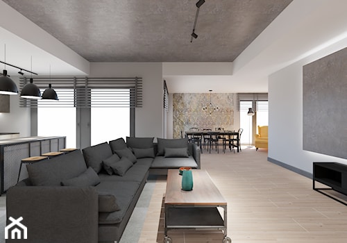 Apartament w Katowicach w loftowym stylu - Duży biały szary salon z kuchnią z jadalnią - zdjęcie od Maciejewska Design