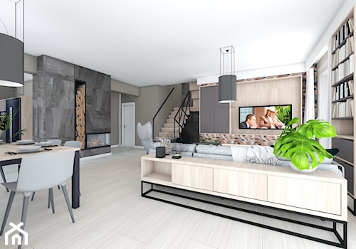 dom jednorodzinny (projekt Opałek) - Duży biały czarny salon z jadalnią - zdjęcie od Maciejewska Design