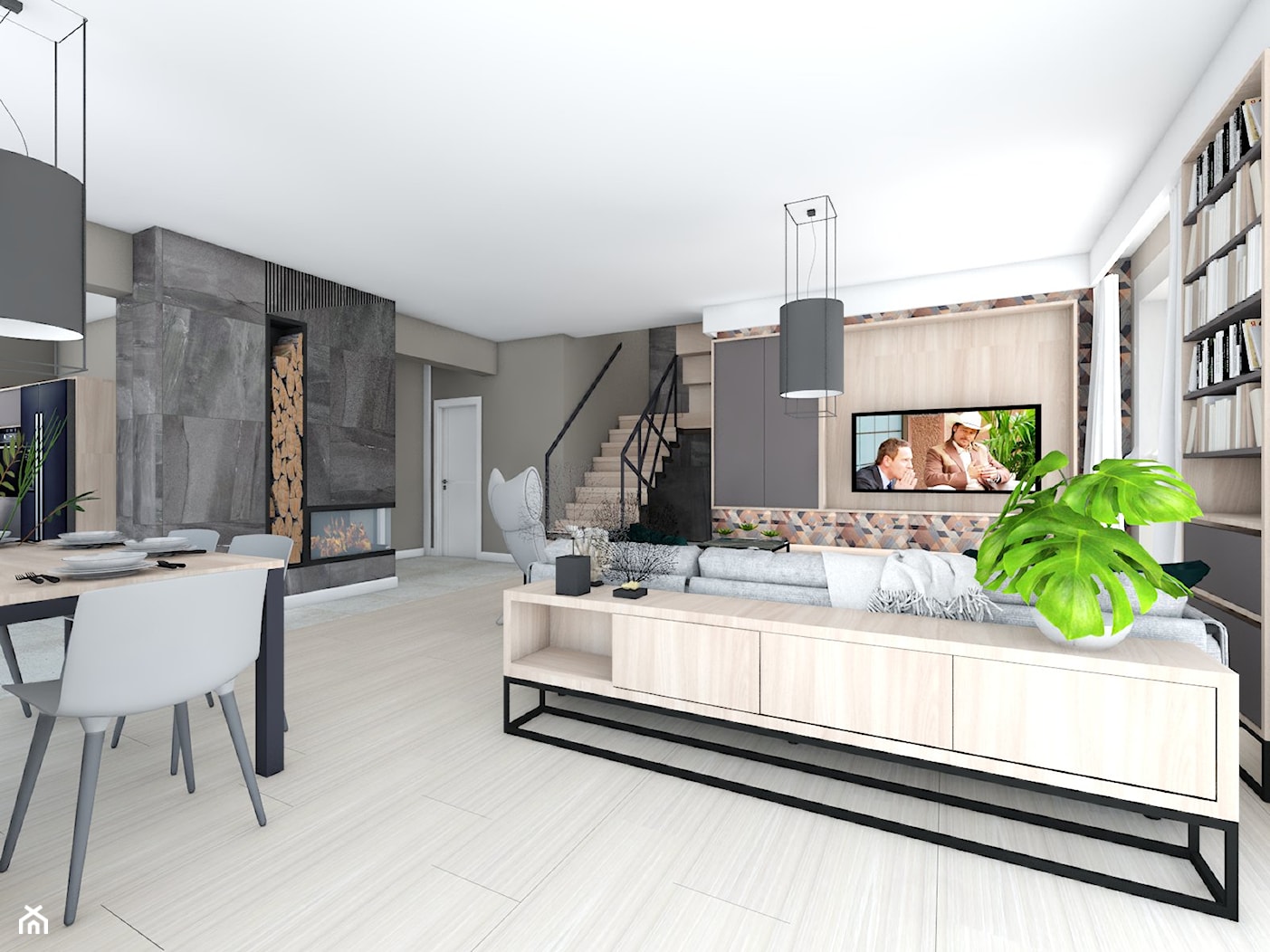 dom jednorodzinny (projekt Opałek) - Duży biały czarny salon z jadalnią - zdjęcie od Maciejewska Design - Homebook