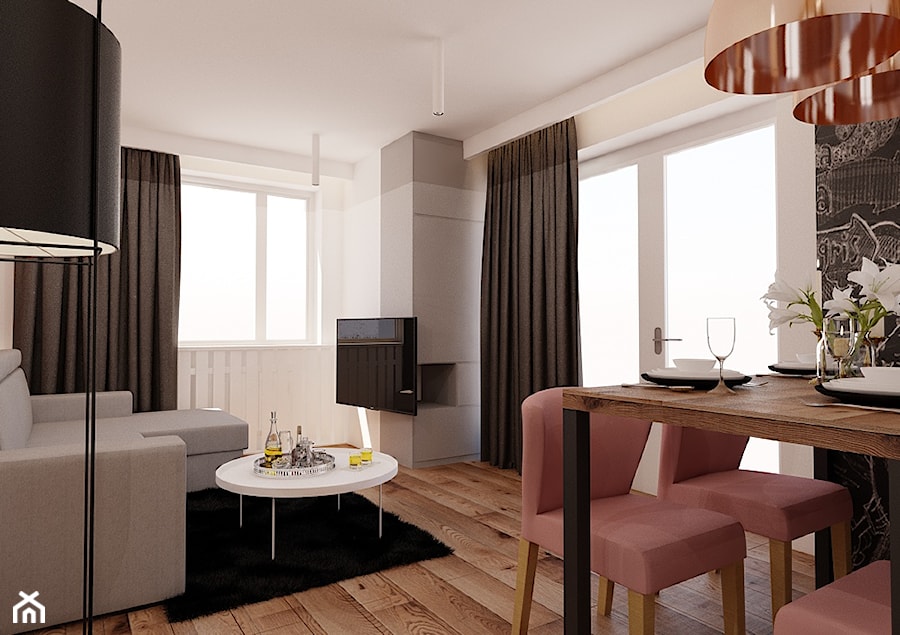 Mieszkanie 65m2 - Mały beżowy salon z jadalnią, styl minimalistyczny - zdjęcie od Ale design Grzegorz Grzywacz