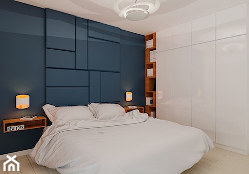 Namiarkowa 75m2 - Średnia niebieska z panelami tapicerowanymi sypialnia, styl minimalistyczny - zdjęcie od Ale design Grzegorz Grzywacz