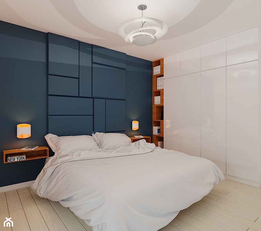 Namiarkowa 75m2 - Średnia niebieska z panelami tapicerowanymi sypialnia, styl minimalistyczny - zdjęcie od Ale design Grzegorz Grzywacz