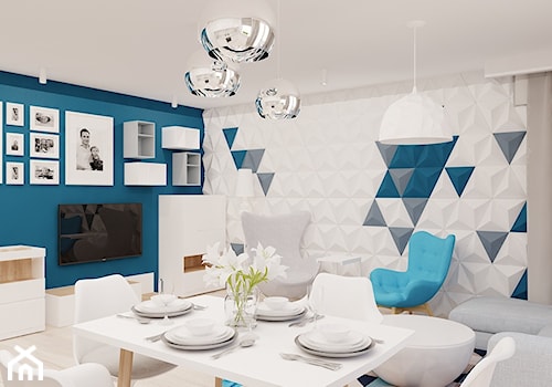 63m2 Dąbrowa Górnicza - Średni biały niebieski salon z jadalnią, styl nowoczesny - zdjęcie od Ale design Grzegorz Grzywacz