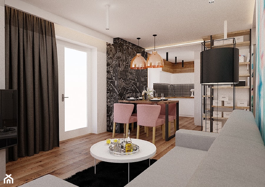 Mieszkanie 65m2 - Średni biały czarny salon z kuchnią z jadalnią, styl nowoczesny - zdjęcie od Ale design Grzegorz Grzywacz
