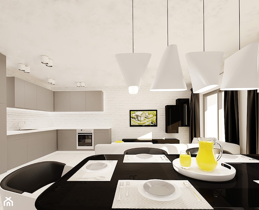 Czarno biały salon z kuchnią - zdjęcie od Ale design Grzegorz Grzywacz